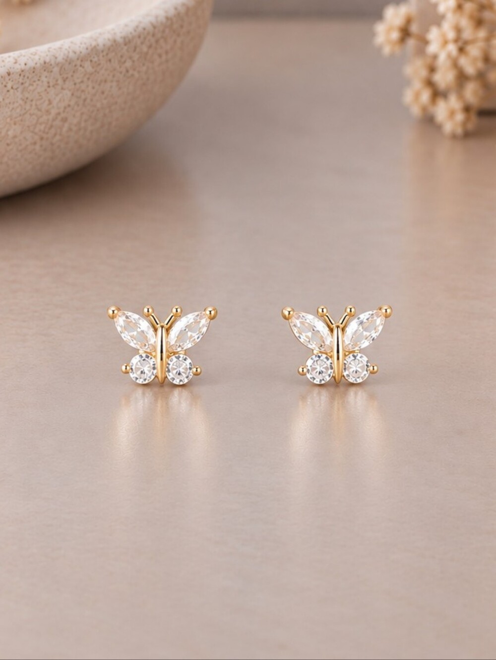 Gold Butterfly Crystal Stud Earrings